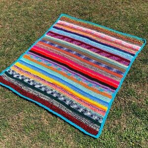 Handmade Colorful Crochet Knit Throw Boho Blanket 60” x 56”